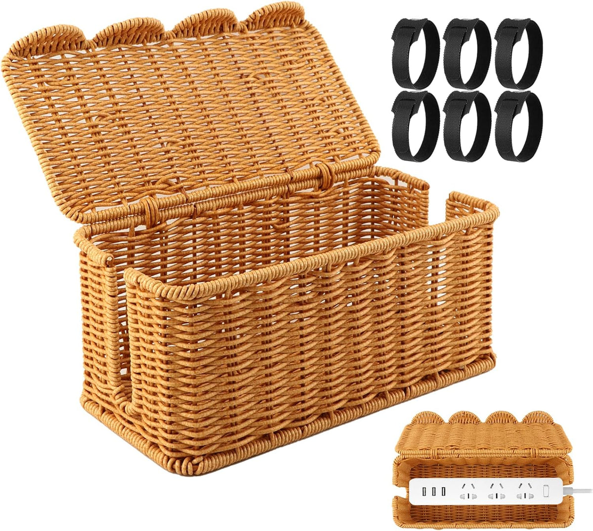 Cable Management Box, Handmade Scalloped Rattan Cable Organizer