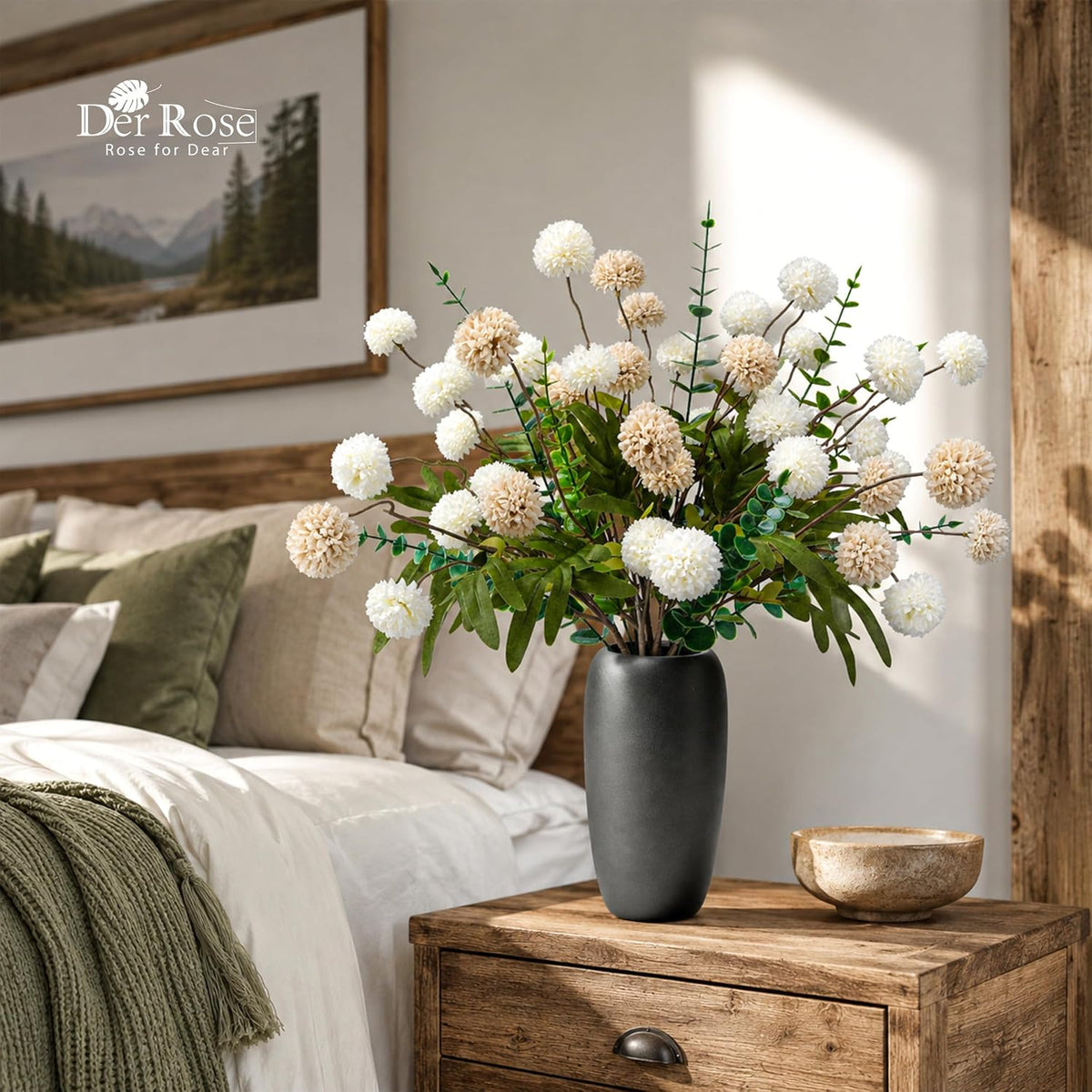 Der Rose Fake Flowers in Ceramic Vase, 18Pcs White Blooms for Spring Decor