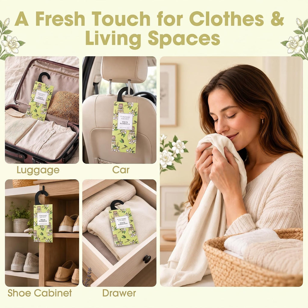Large 12 Packs White Gardenia Hanging Scented Sachets Long-Lasting Closet Deodorizer Air Freshener Fabric Refresher Odor Eliminator for Drawer Home Fragrance Gift Set