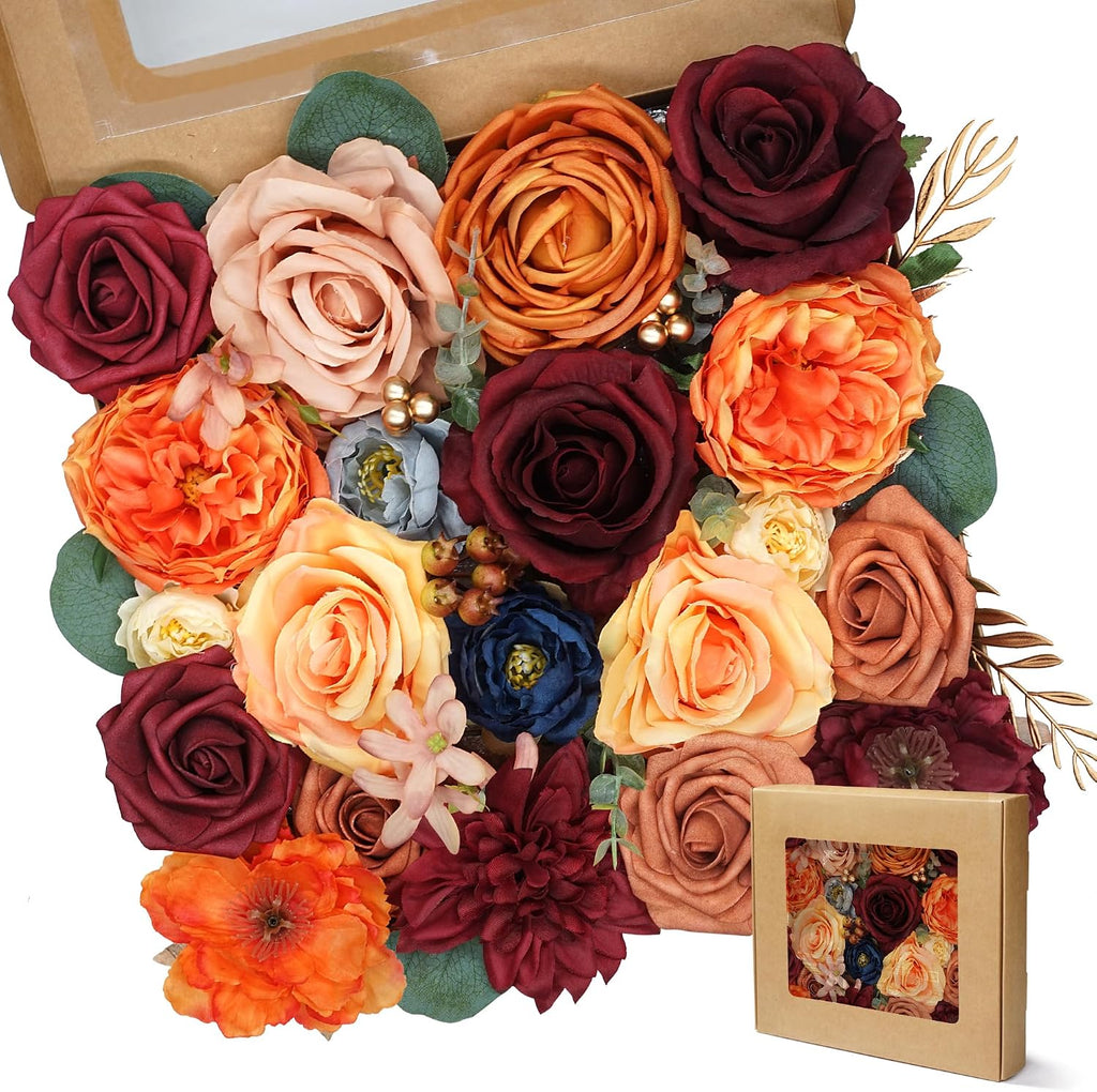 Champane and Red Artificial Flowers Combo Silk Mix Fake Flowers with Stem for DIY Wedding Arch Bridal Bouquets Baby Shower Centerpieces Party Wall Home Decorations