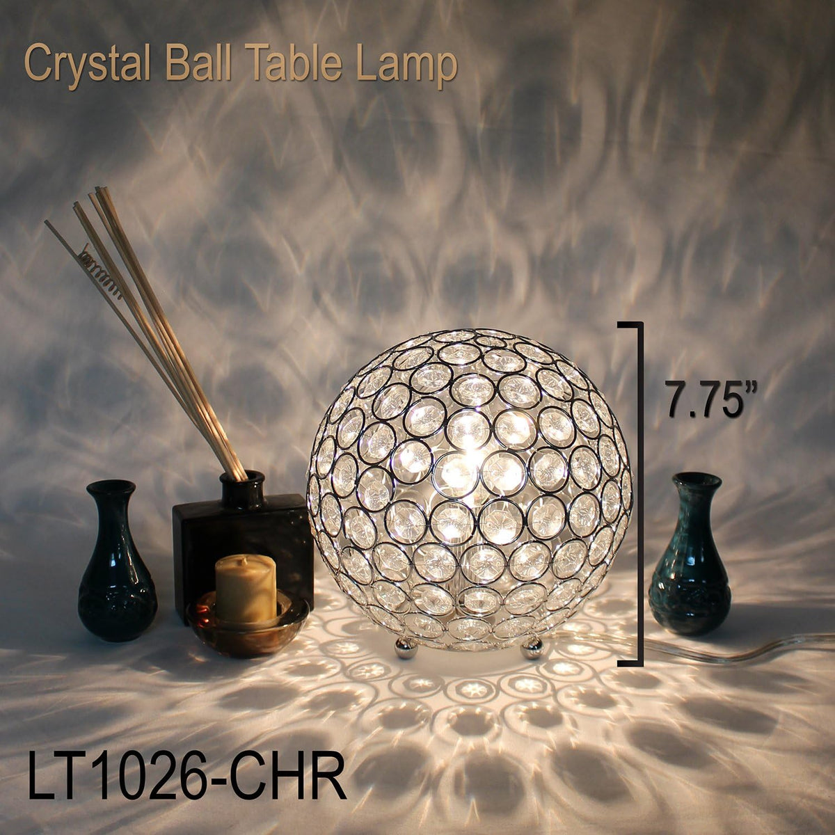 Elegant Designs LT1026-CHR 8" Elipse Crystal Collection Metal Crystal Ball Sequin Table Desk Lamp for Accent Lighting, Décor, Living Room, Chrome