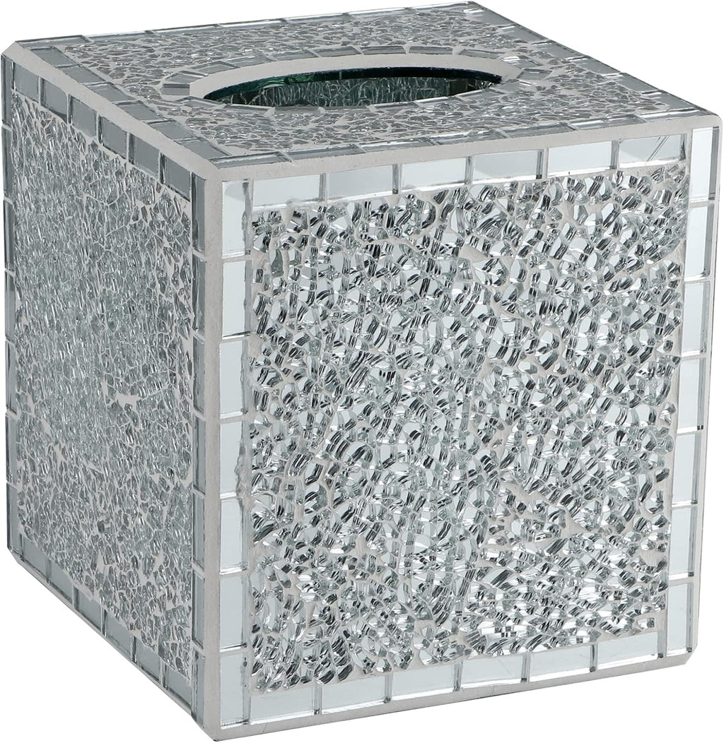 MDLUU Mosaic Glass Tissue Box Holder, Decorative Tissue Box Cover, Square Tissue Dispenser for Bathroom, Bedroom, Living Room (Silver)
