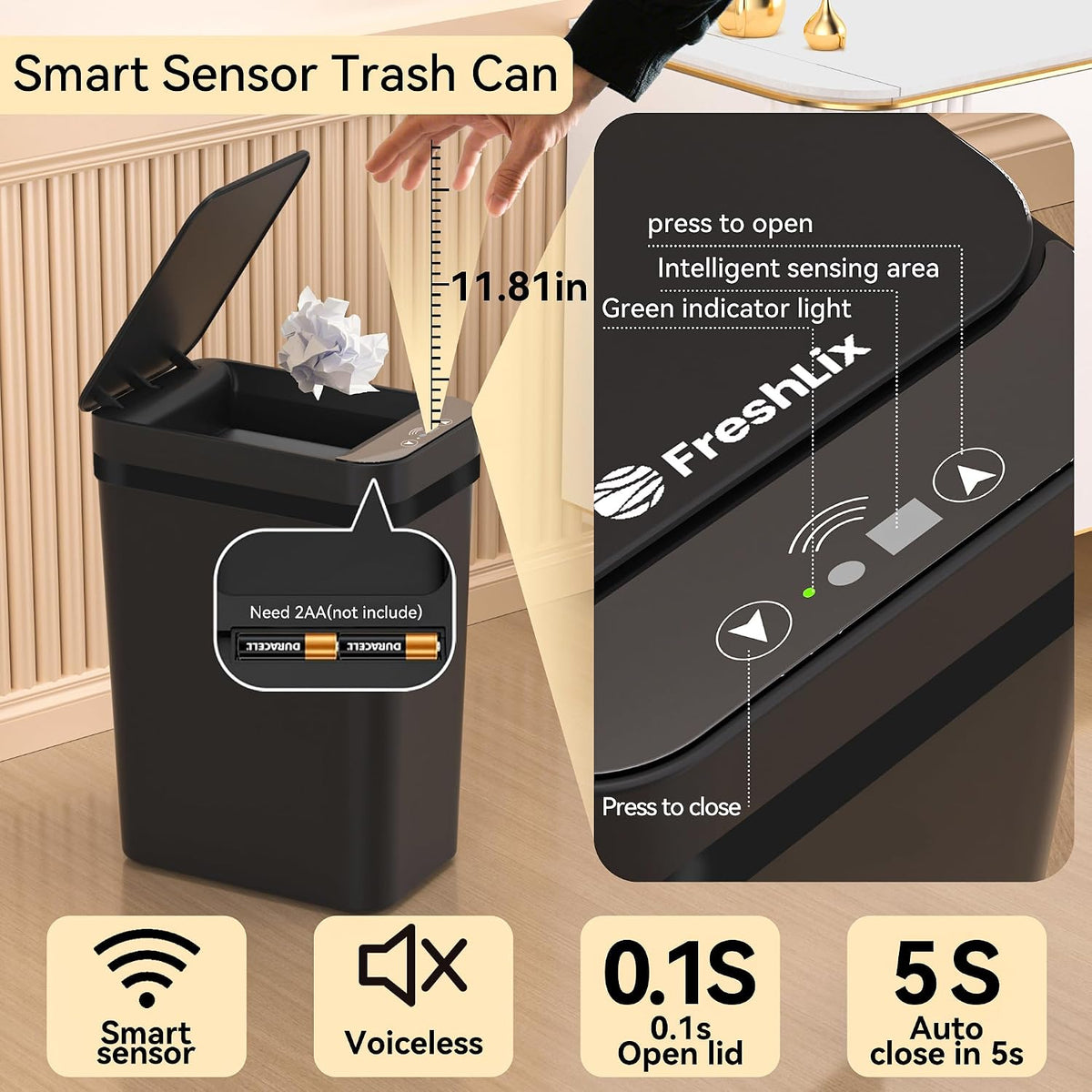 FRESHLIX 3 Pack Bathroom Trash Can 2.5 Gallon Small Touchless Automatic Motion Sensor Trash Cans Slim Waterproof Garbage Bin with Lid for Kitchen, Office, Bedroom Black