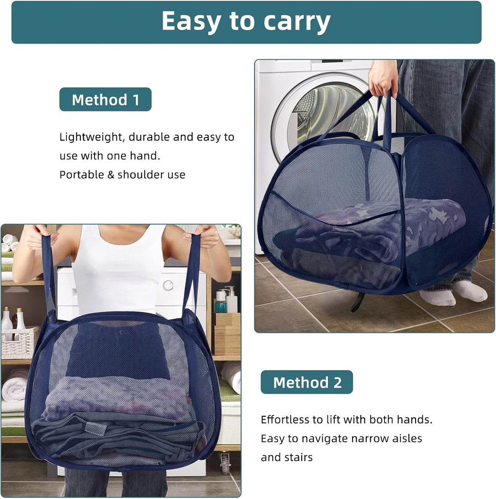 2 Pack Collapsible Foldable Laundry Baskets, 90L Large Durable Mesh Pop Up Hampers for Bedroom, Bathroom, Dorm, Laundry Room, Travel - Navy