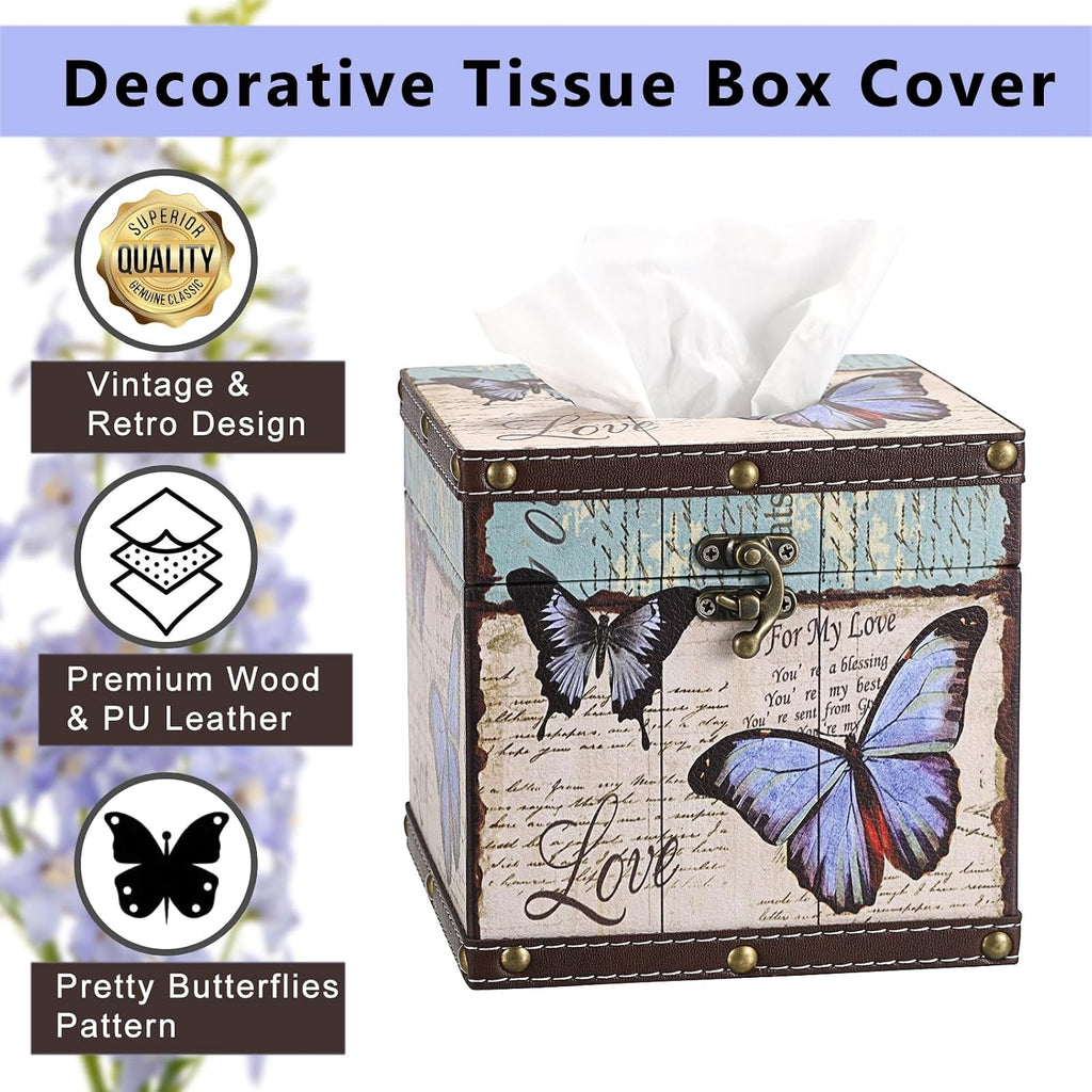 Butterfly Tissue Box Cover, Wood Square Tissue Holder, Bluish Purple