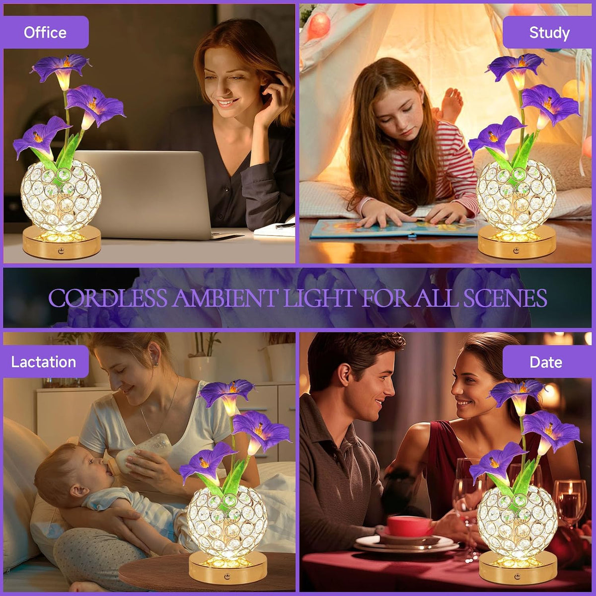 Flower Table Lamp, 3 Colors Touch Stepless Dimming Crystal Night Light, Rechargeable Artificial Morning Glory Light, LED Flower with Vase Lamp Romantic Decor for Date Party Home (Morning Glory-Purple)