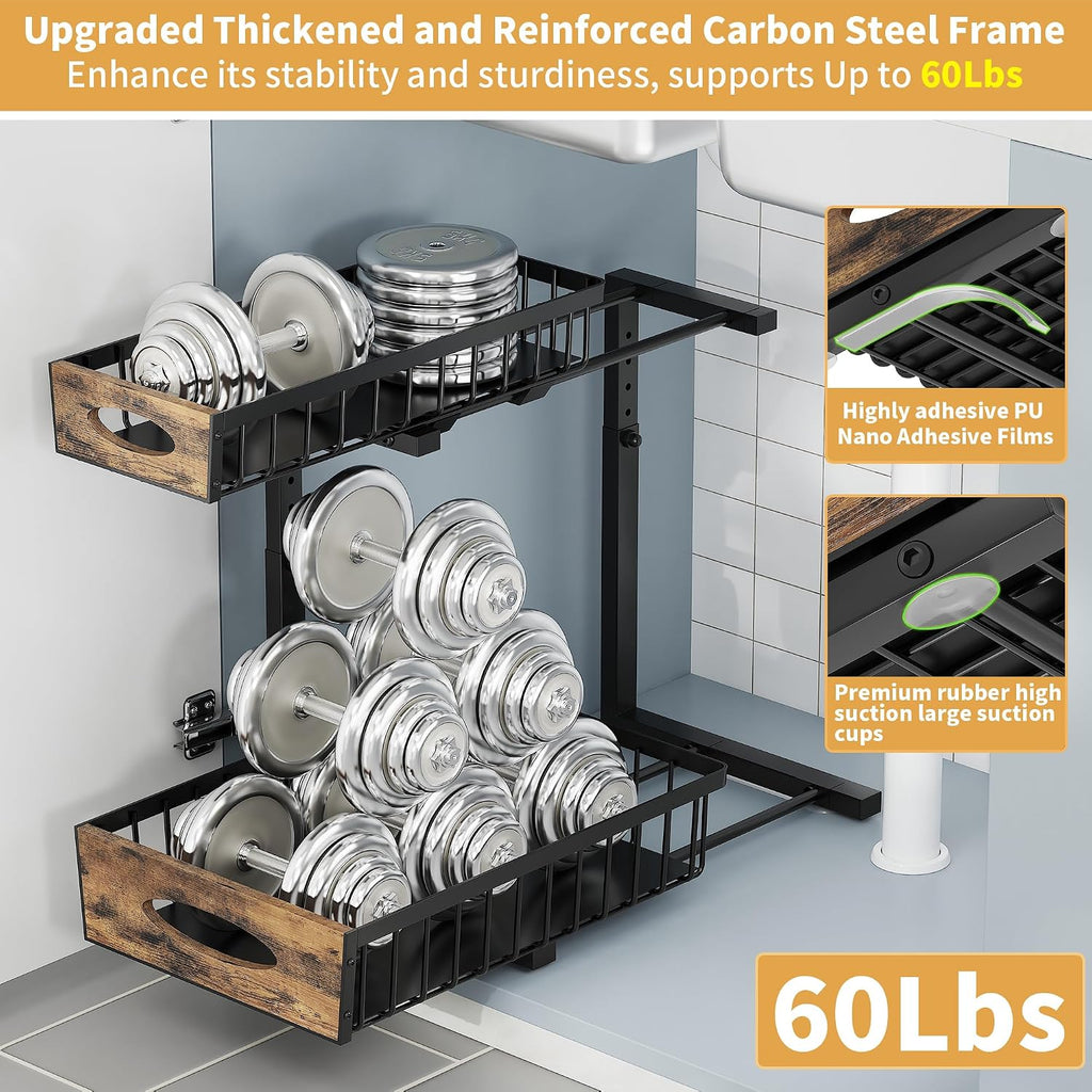 2 Pack Metal Under Sink Organizer with Sliding Drawer, Black