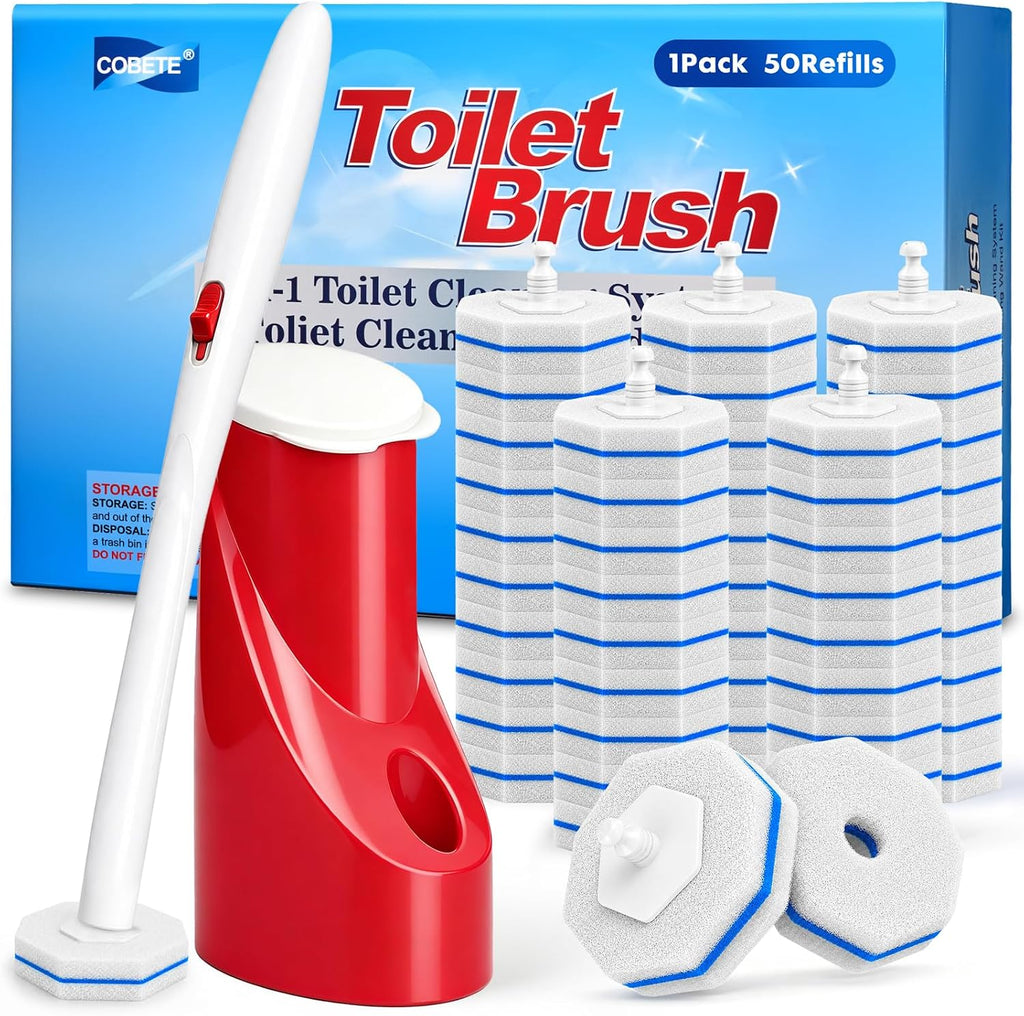 COBETE Disposable Toilet Brush Wand Kit with 50 Refills, Efficient Deep Scrubbing Toilet Bowl Cleaner Wand with Holder for Bathroom Toilet Cleaning(Red)
