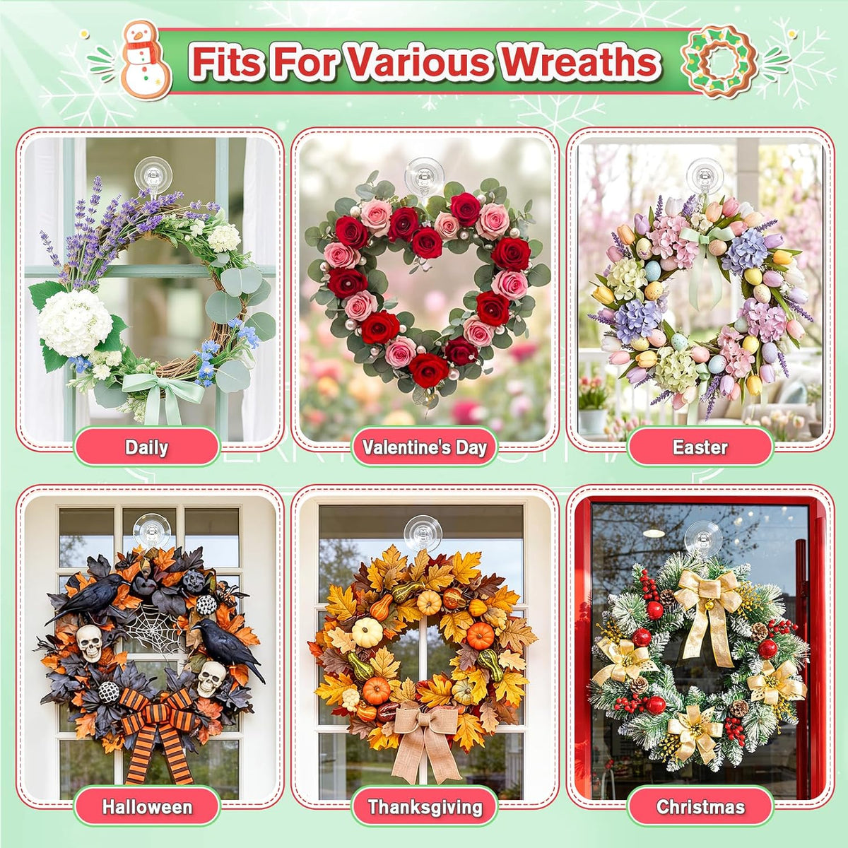 VIS'V Suction Wreath Hanger, Heavy Duty, 22 LB, Large, Clear, 8 Pcs