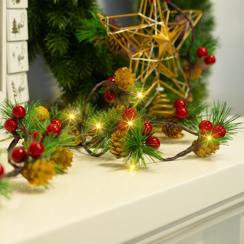 Dazzle Bright Pine Cone Christmas String Lights, Total 6.5FT 20LED Battery Operated Christmas Garland with 8 Modes, Red Berry Pine Cone Fairy String Lights for Indoor Outdoor Xmas Decorations
