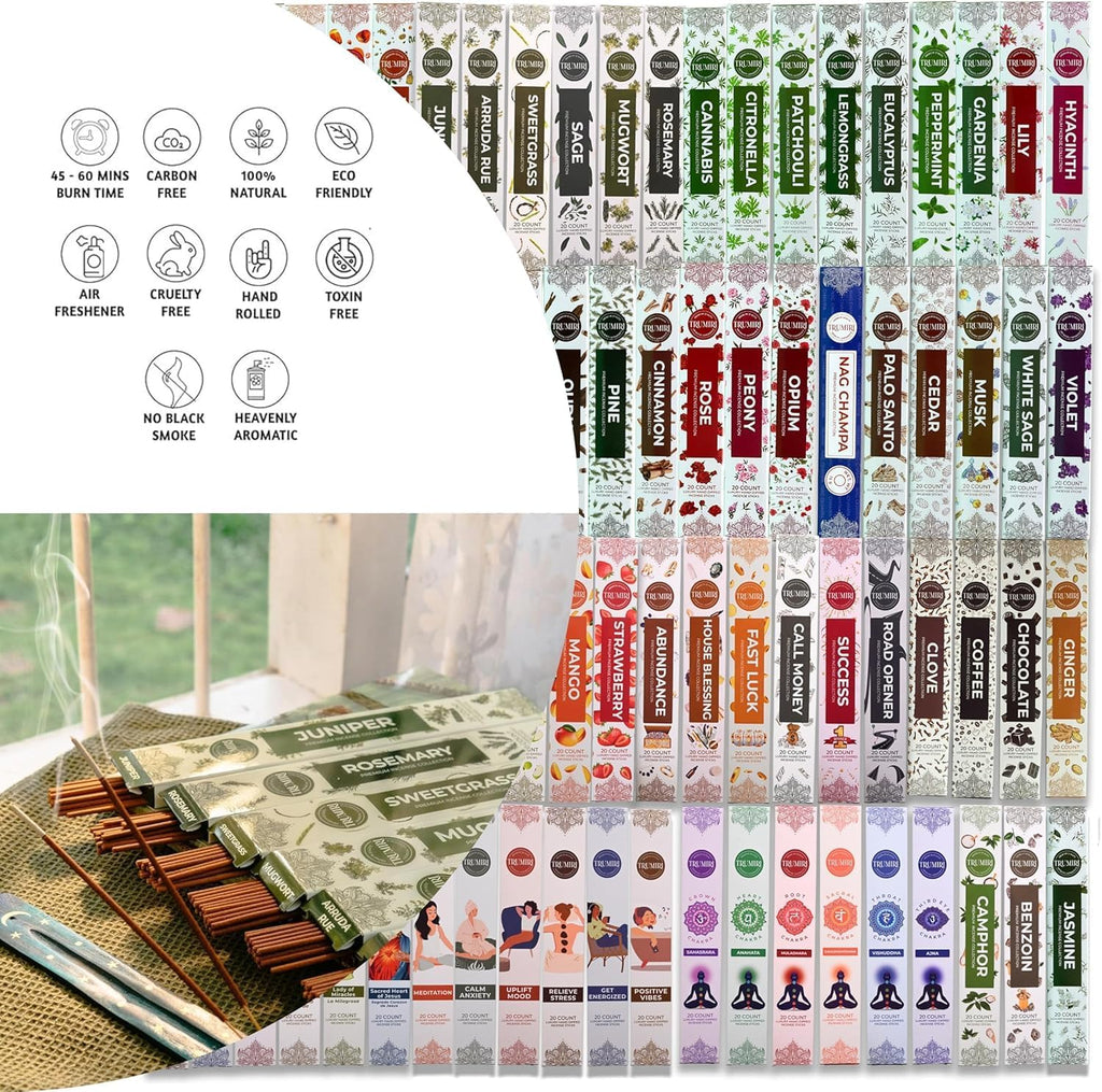 Trumiri Incense - 6 Random Scents Variety Pack - 20 Incense Sticks per Scent - Total 120 Incense + Holder Burner