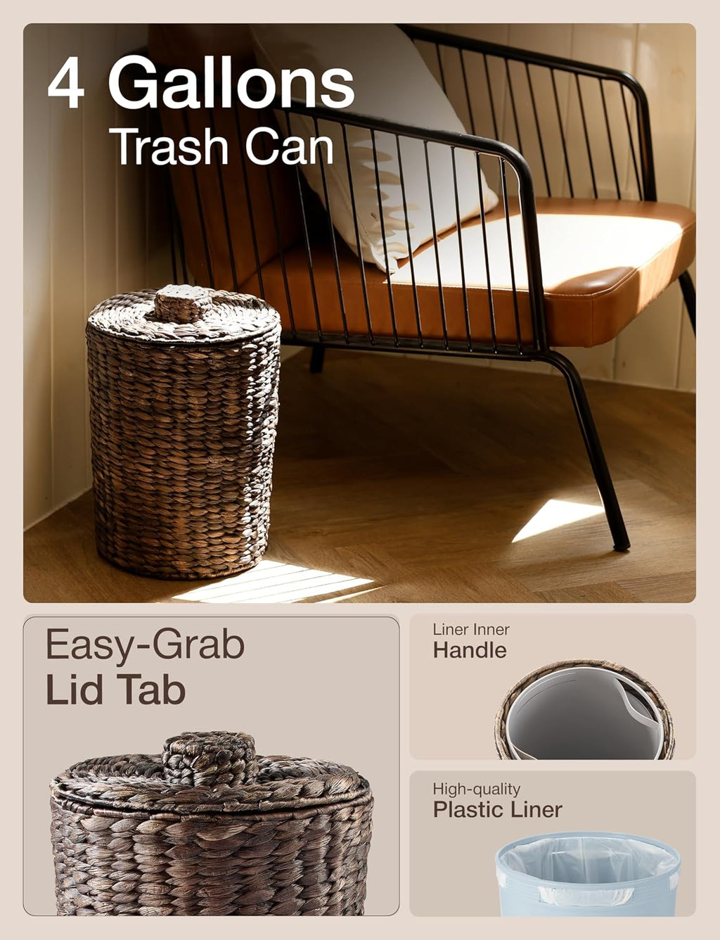 Tidita 4 Gallon Wicker Trash Can with Lid,Water Hyacinth Waste Basket,Black
