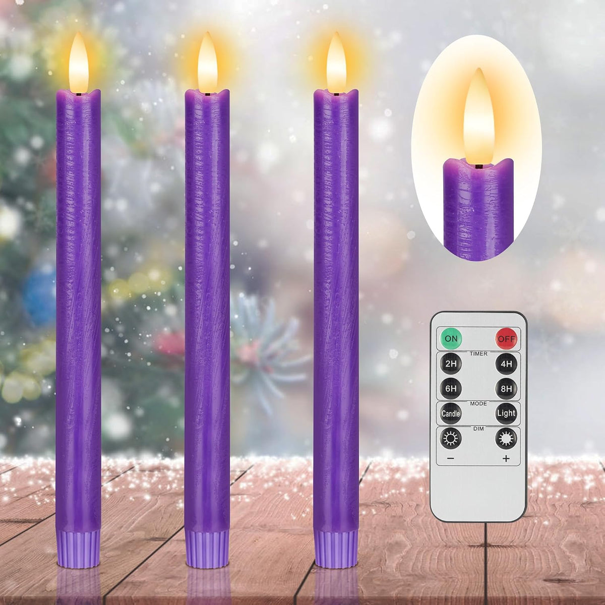 Purple Flameless Taper Candles with Remote, 3 Pack Flickering LED Candlesticks, Real Wax Battery Operated Christmas Window Candles for Winter Home Holiday Decoration