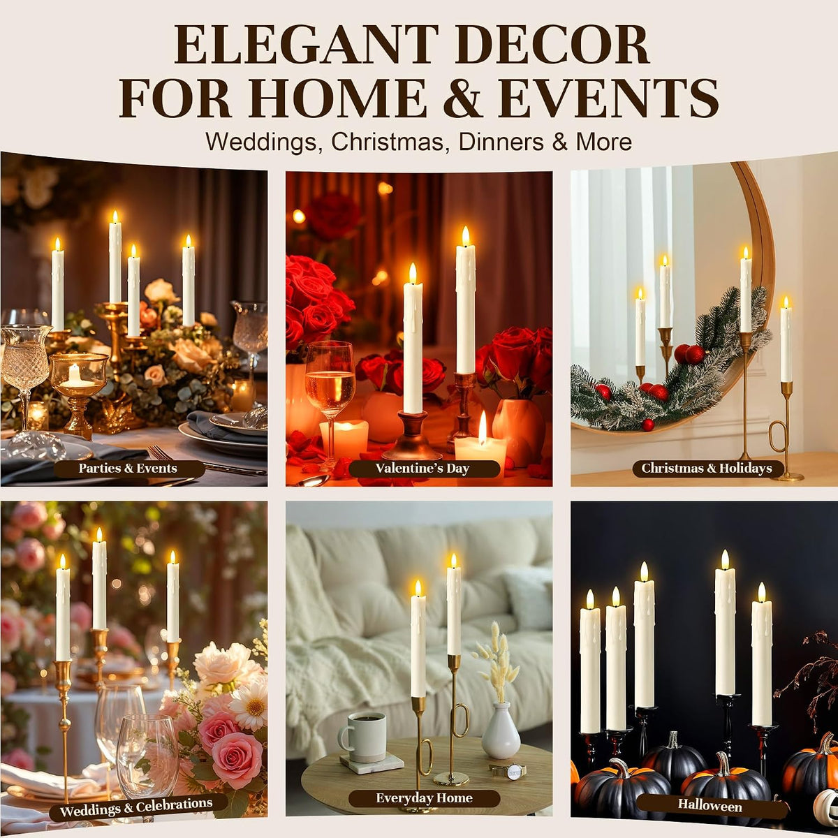 Enhon 6 Pack Flameless Taper Candles with Remote & Batteries, 7.7" Ivory LED Candle Sticks, 3D Wick & Wax Drip Design, 624+ Hour Battery Operated Candles for Home, Wedding & Christmas Decor