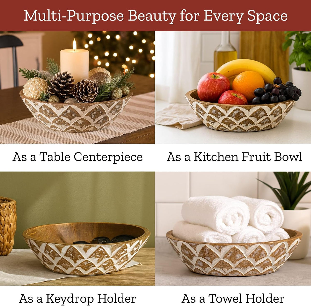 Mie Creations 10'' Decorative Wooden Bowl, Table Centerpiece for Decor