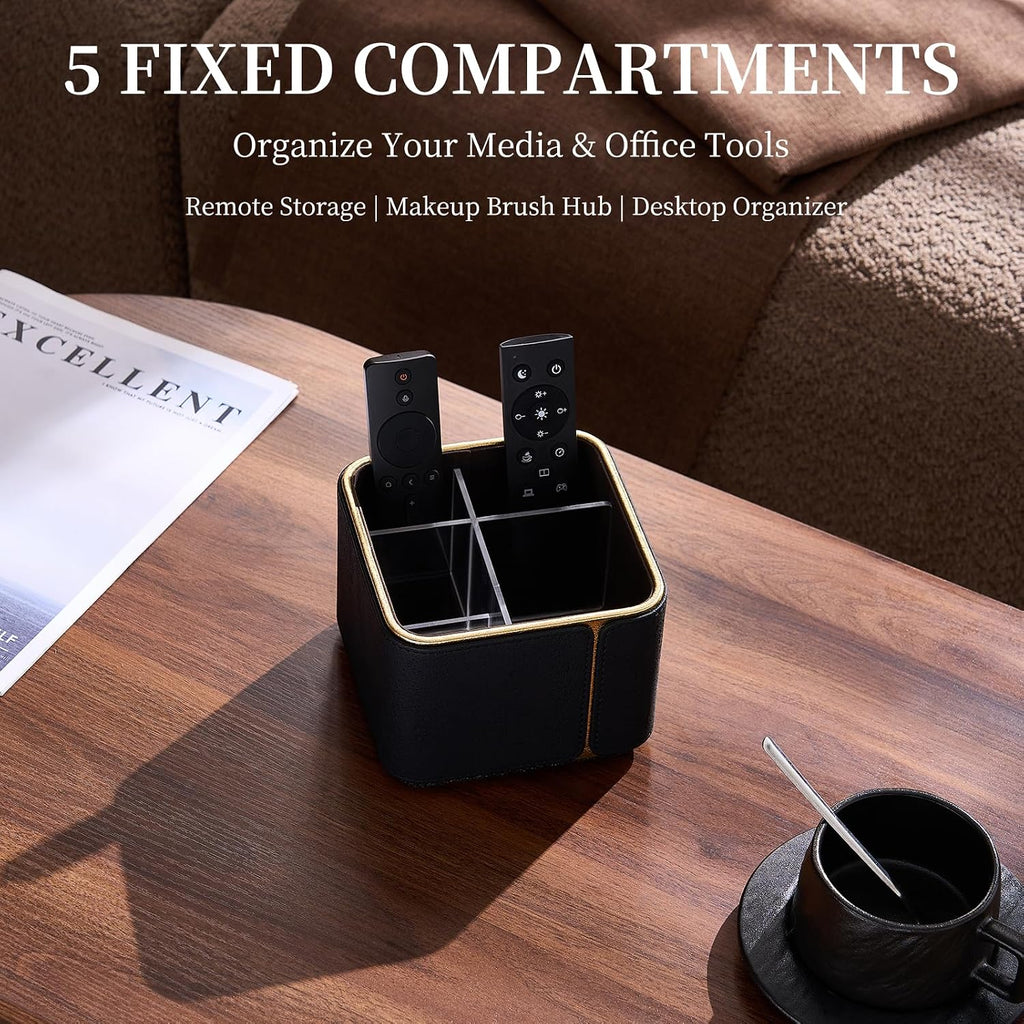 360° Rotating TV Remote Control Holder & Desk Organizer, Travertine-Look PU Leather, 0.421kg Wood Core, Removable Acrylic Divider (Black)