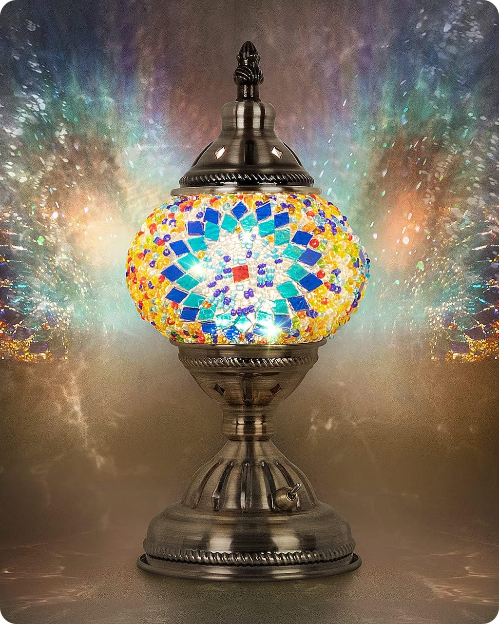 Yarra-Decor Turkish Moroccan Lamp with Bronze Base Handmade Tiffany Mosaic Glass Lamps Portable Bedside Lamps with Rechargeable Battery 2000mAh (LED Bulb Included) (Blue1)