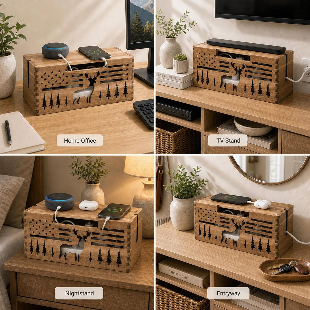 Acacia Wood Cable Management Box,Cord Hider & Organizer for Power Strip