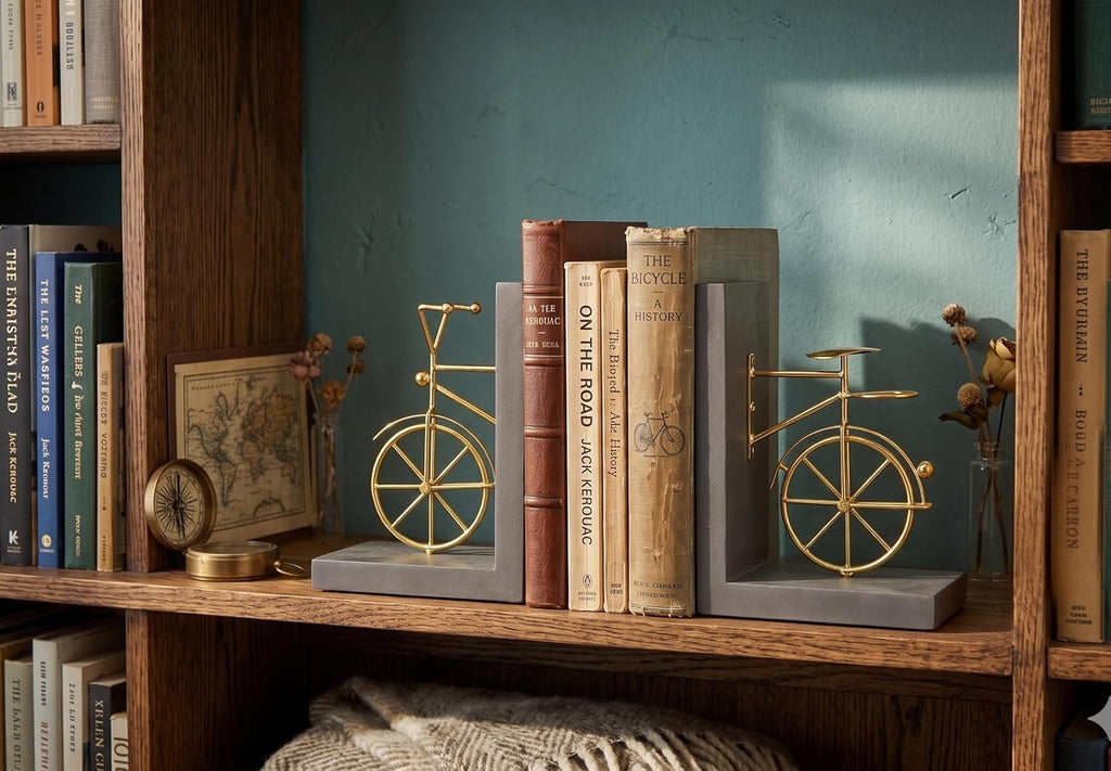 Bicycle Bookend Supports, Decorative Book Stoppers with Non-Skid Bottom, Handcrafted Distressed Wood & Metal Book Stand, Display for Bookshelf Office Desktop, 1-Pair, Golden & Brown