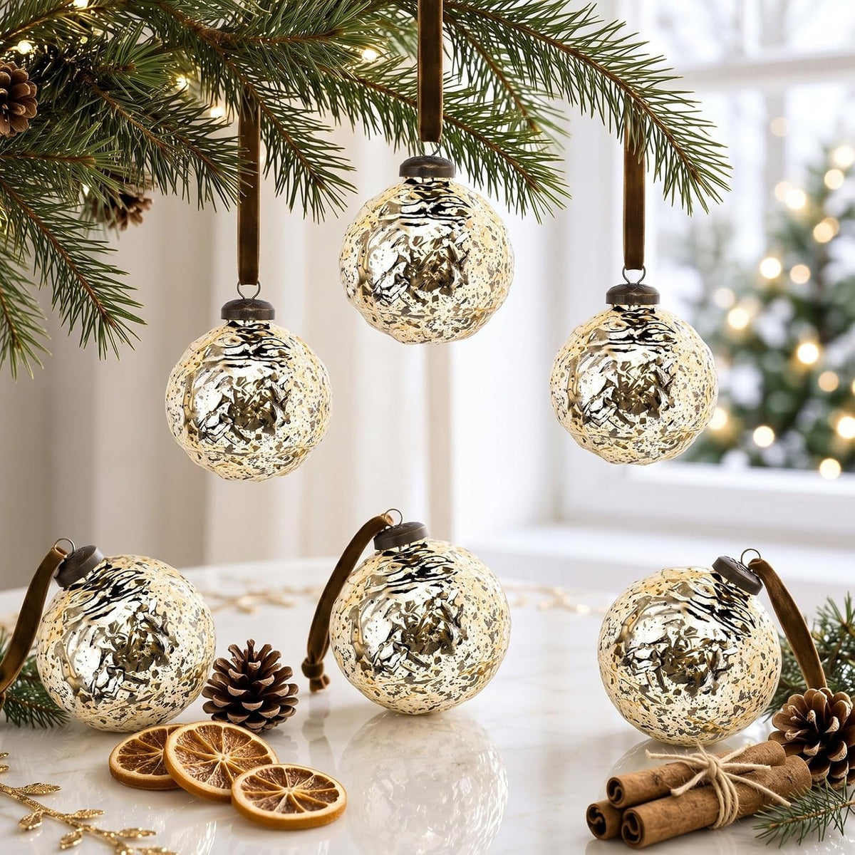 Threan 6 Pcs Vintage Gold Mercury Glass Christmas Ornaments, Polka Dot