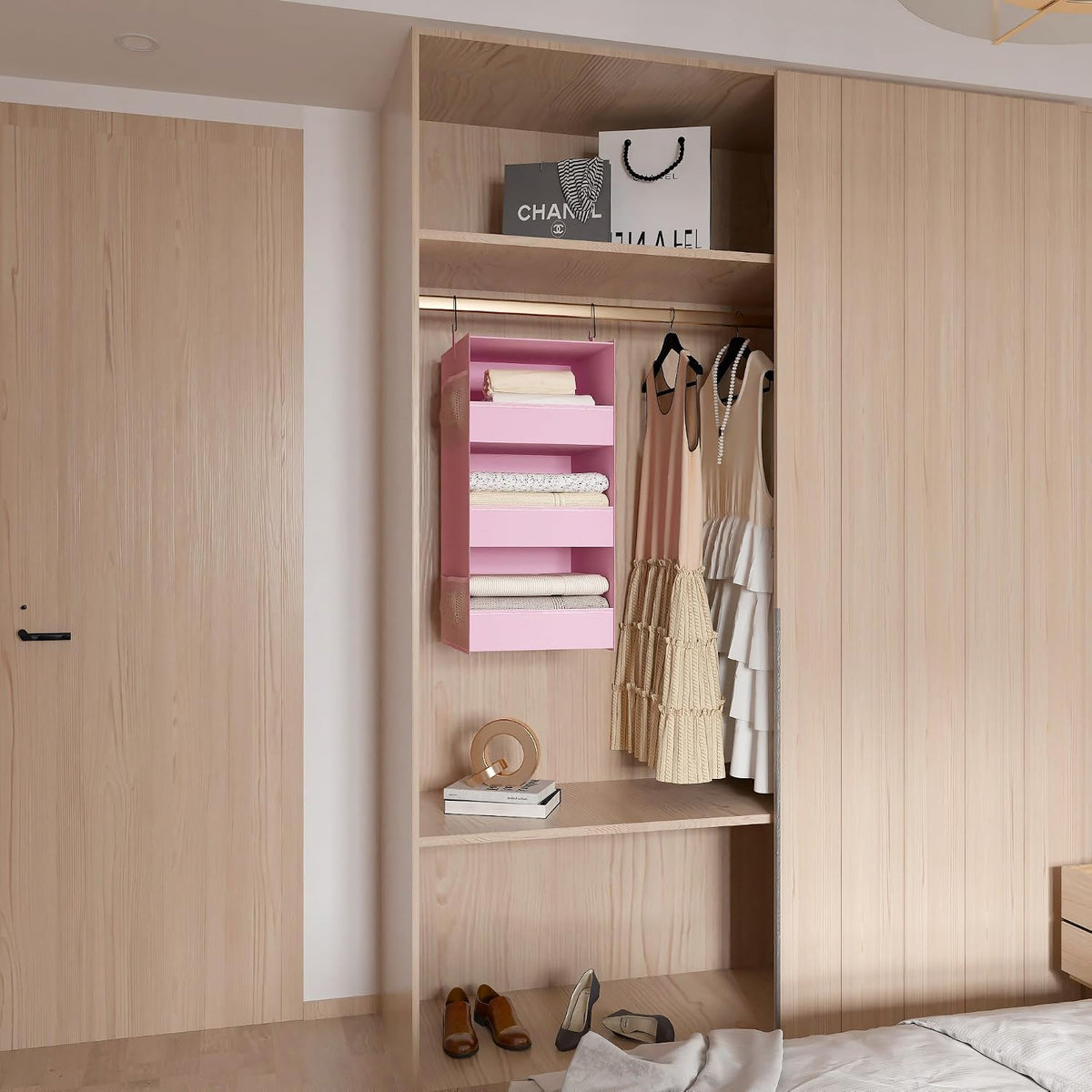 3-Shelf Hanging Closet Organizer, Washable Foldable Storage Shelves, Pink
