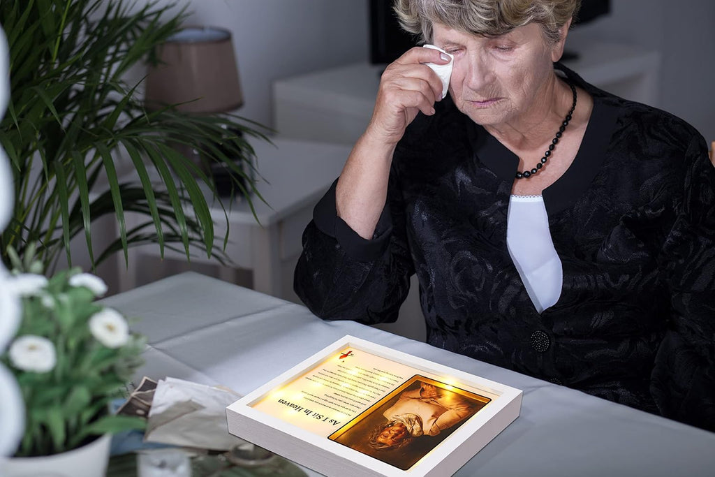 WOODEXPE Sympathy Gift LED Memorial Shadow Box Memorial Picture Frame for Loss of Loved One 4x6 Photo (As I Sit in Heaven White)