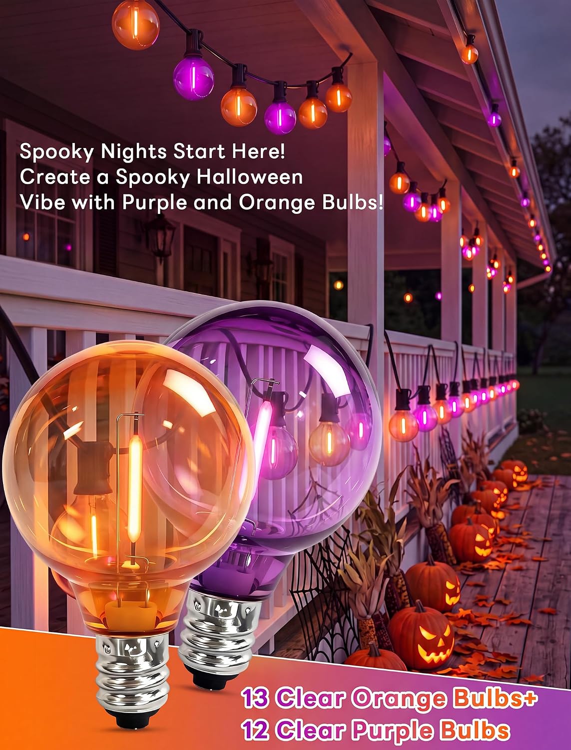 25PK G40 Halloween LED Replacement Purple and Orange Light Bulbs, 0.6W