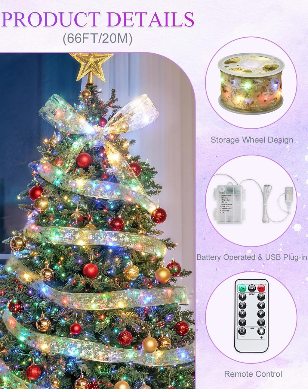 JMEXSUSS 66Ft 200 LED 2.5Inch Christmas Tree Ribbon Lights Christmas Decor