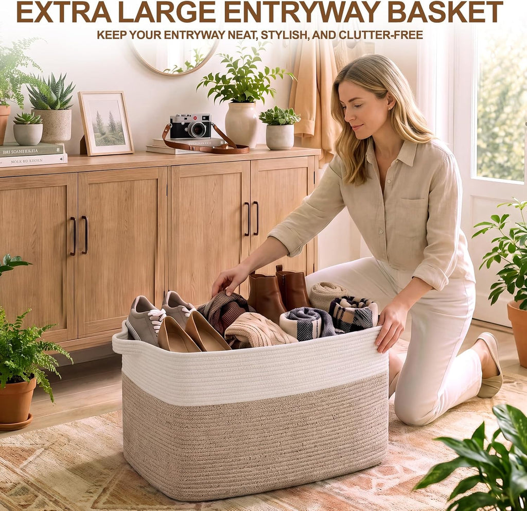 Extra Large Laundry Basket, 95L Blanket Basket for Living Room, Cotton Rope Toy Storage for Kids, Woven Baskets for Clothes, Towels, Pillows, 24" x 17" x 14", Brown and White