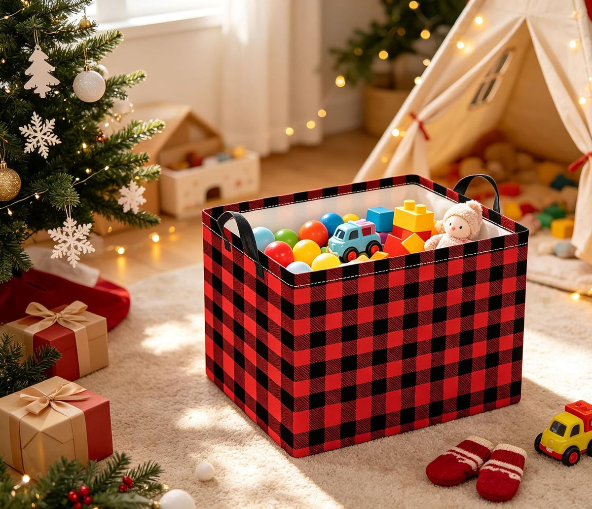 Rectangular Storage Basket for Boys Kids Basket Storage Bin Organizer Box(Red Checkered)