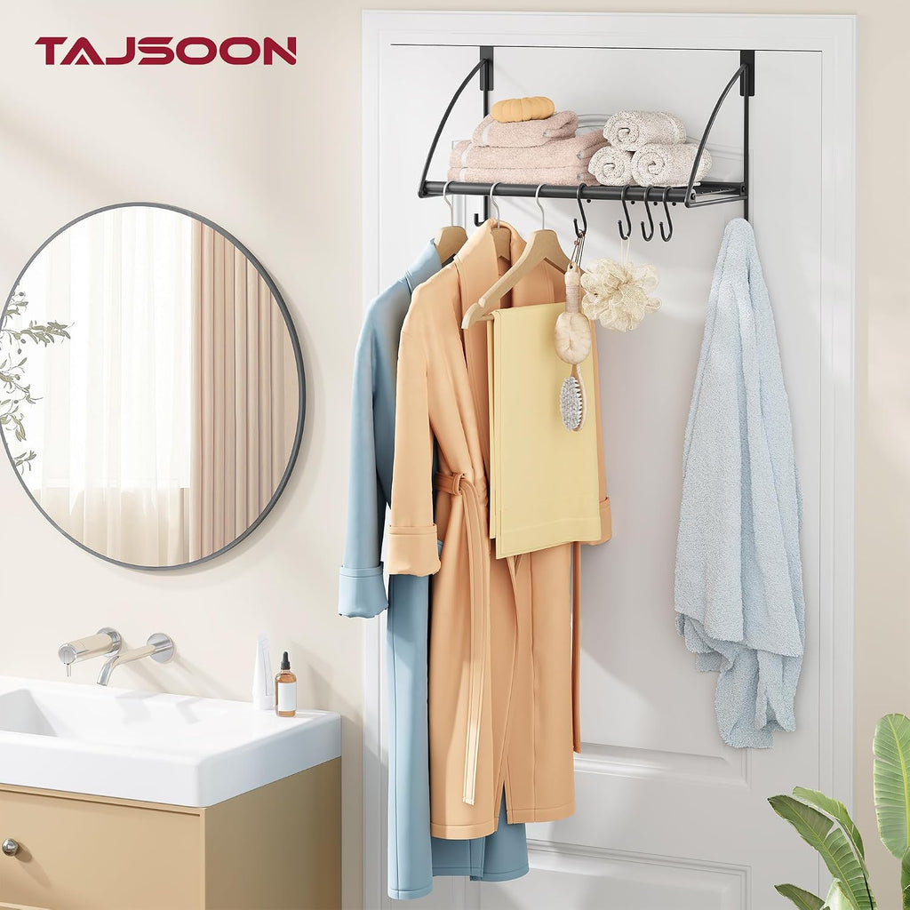 Tajsoon Over the Door Hanger with Storage Rack and 6 Hooks, 16.54" Black