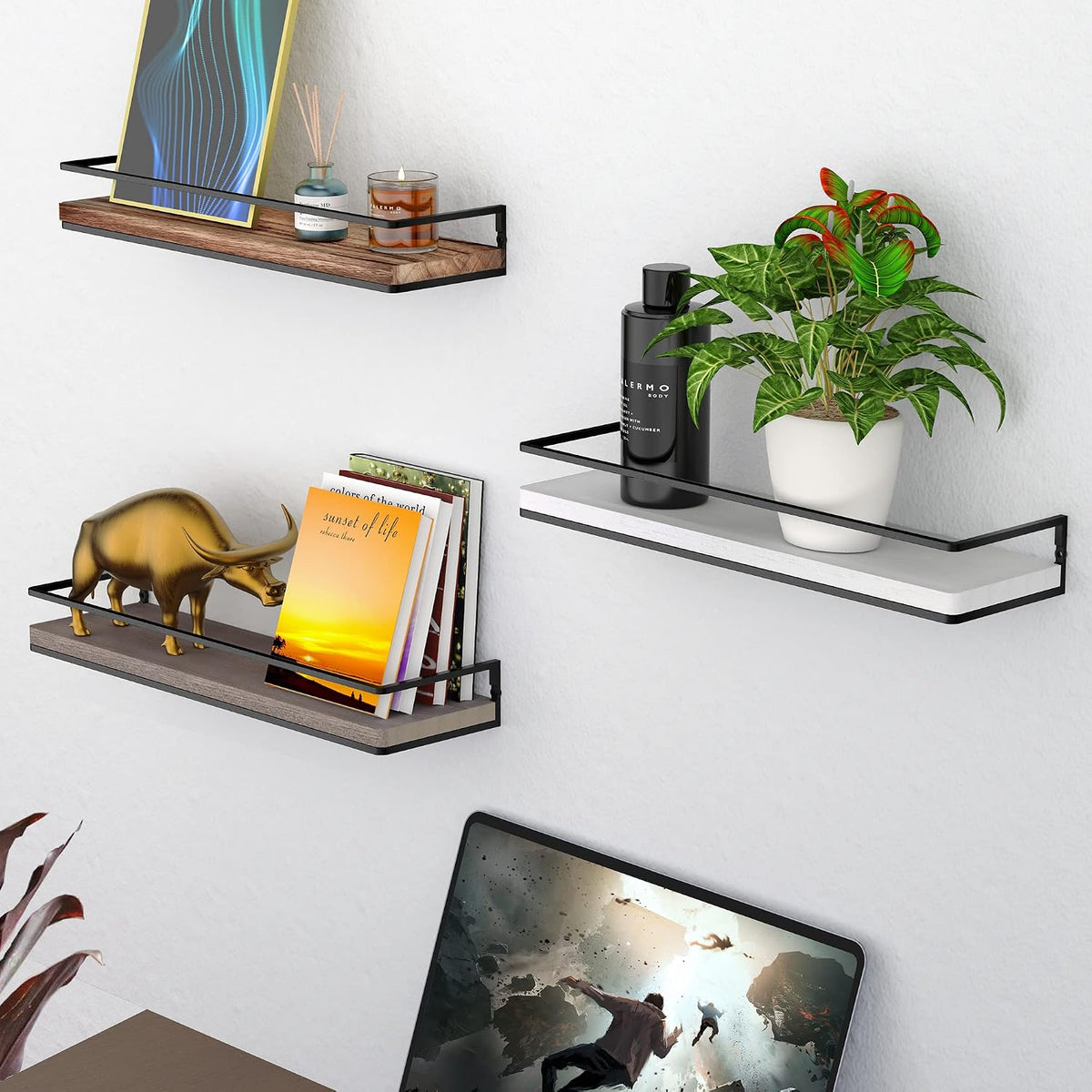 Meangood White Floating Shelves for Wall, 17 inch Bathroom Shelf, Set of 2