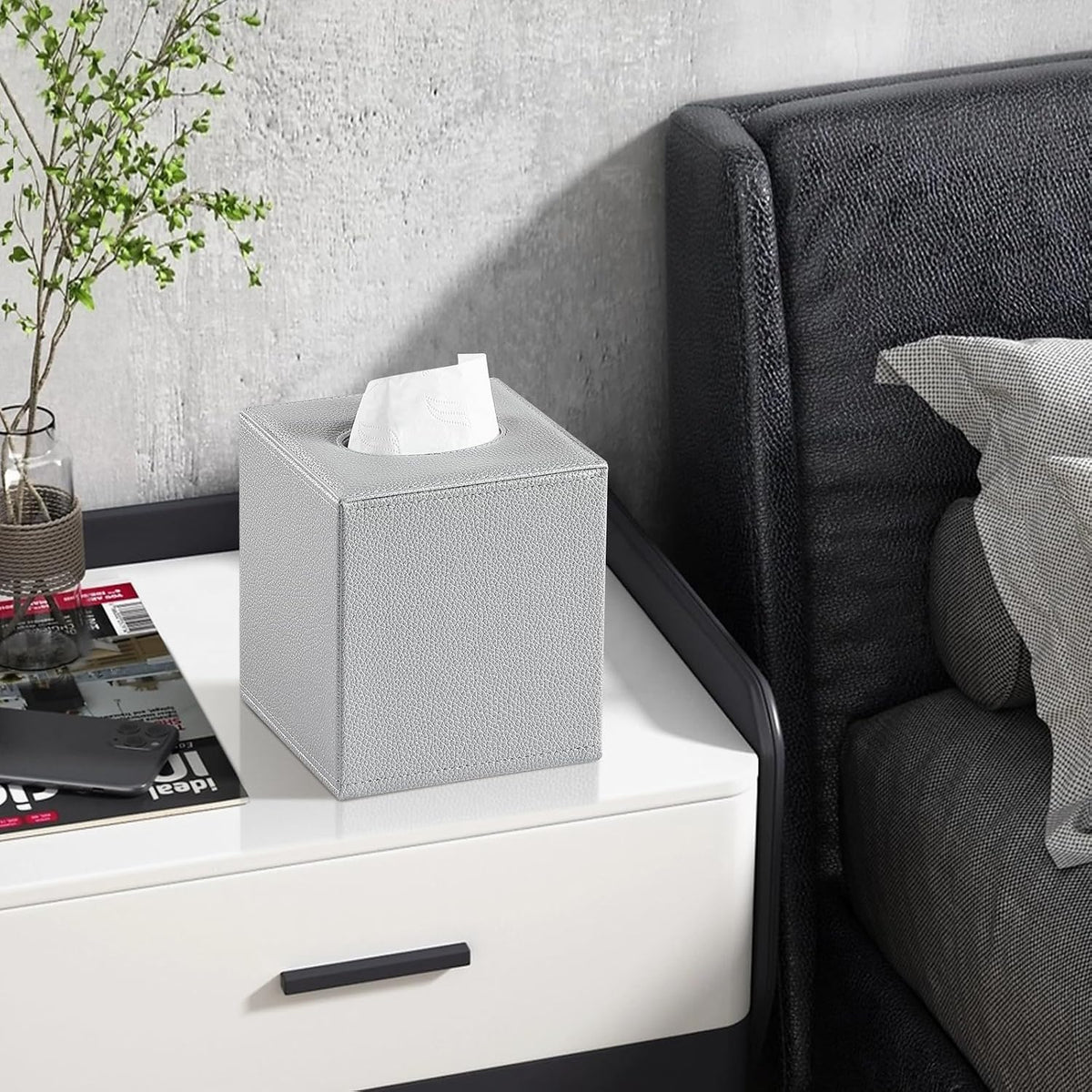 Square Tissue Box Cover with Magnetic Closure Bottom, Silver