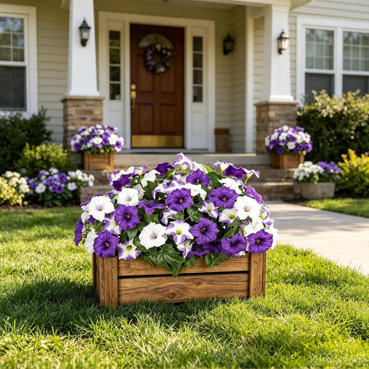 Artificial Flowers for Outdoors, Faux Petunias Spring Summer Decoration, Fake Flowers Plants UV Resistant Look Real Silk Flowers for Outside Planter Front Door Porch Patio Yard (Purple+White)