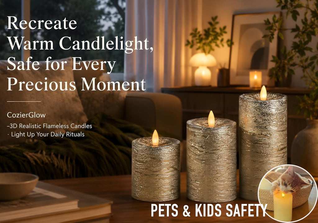 Shiny Metallic Silver Flameless Pillar Candles, Patented 3D Realistic Moving Flickering Flame with Remote Timer, Battery Operated 400hrs for Wedding, Holiday, Party, Decor, Gift(Set of 3)