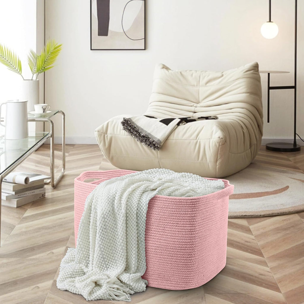 MEGASKET Extra Large Pink Storage Basket, 23.6" x 17" x 12" Rectangle Blanket Basket Living Room, Woven Cotton Rope Basket, Toy Basket Bins, Pink Baskets for Decor, Wicker Baby Laundry Basket