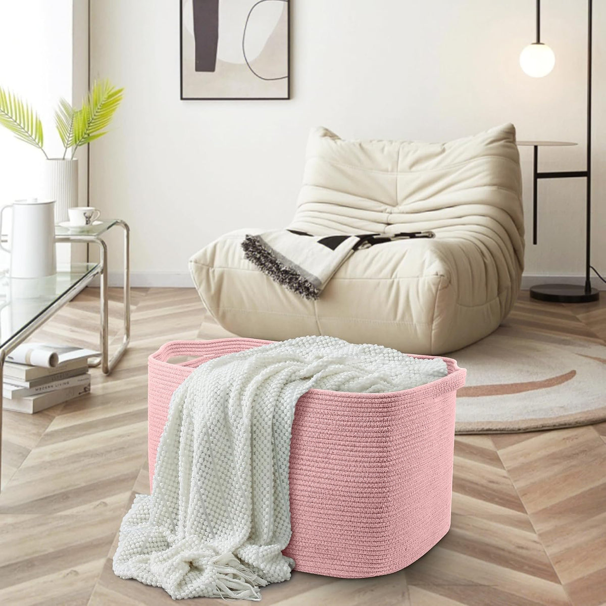 MEGASKET Extra Large Pink Storage Basket, 23.6" x 17" x 12" Rectangle Blanket Basket Living Room, Woven Cotton Rope Basket, Toy Basket Bins, Pink Baskets for Decor, Wicker Baby Laundry Basket