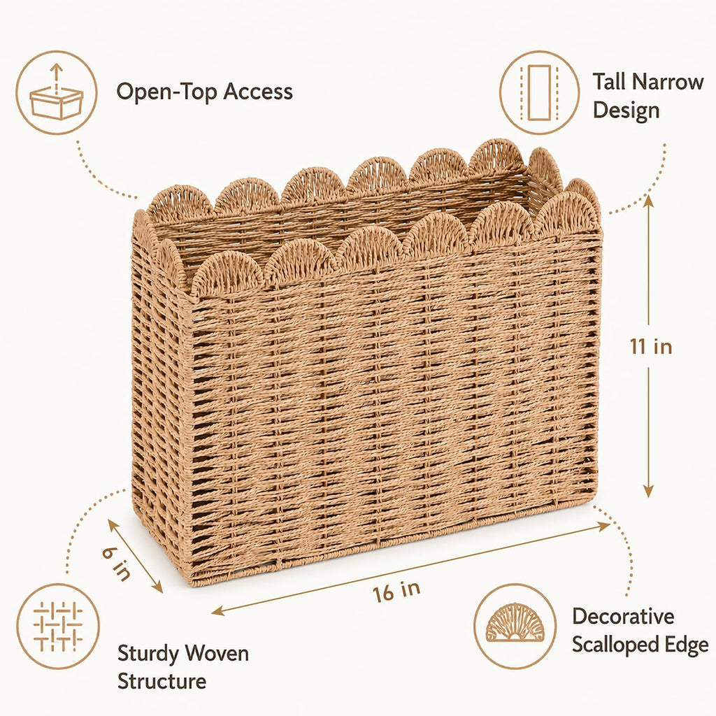 Wicker Magazine Basket, Paper Rope Scalloped Magazine Holder for Files Books Newspapers and Documents, Handwoven Floor Organizer Rack for Office Living Room Bathroom