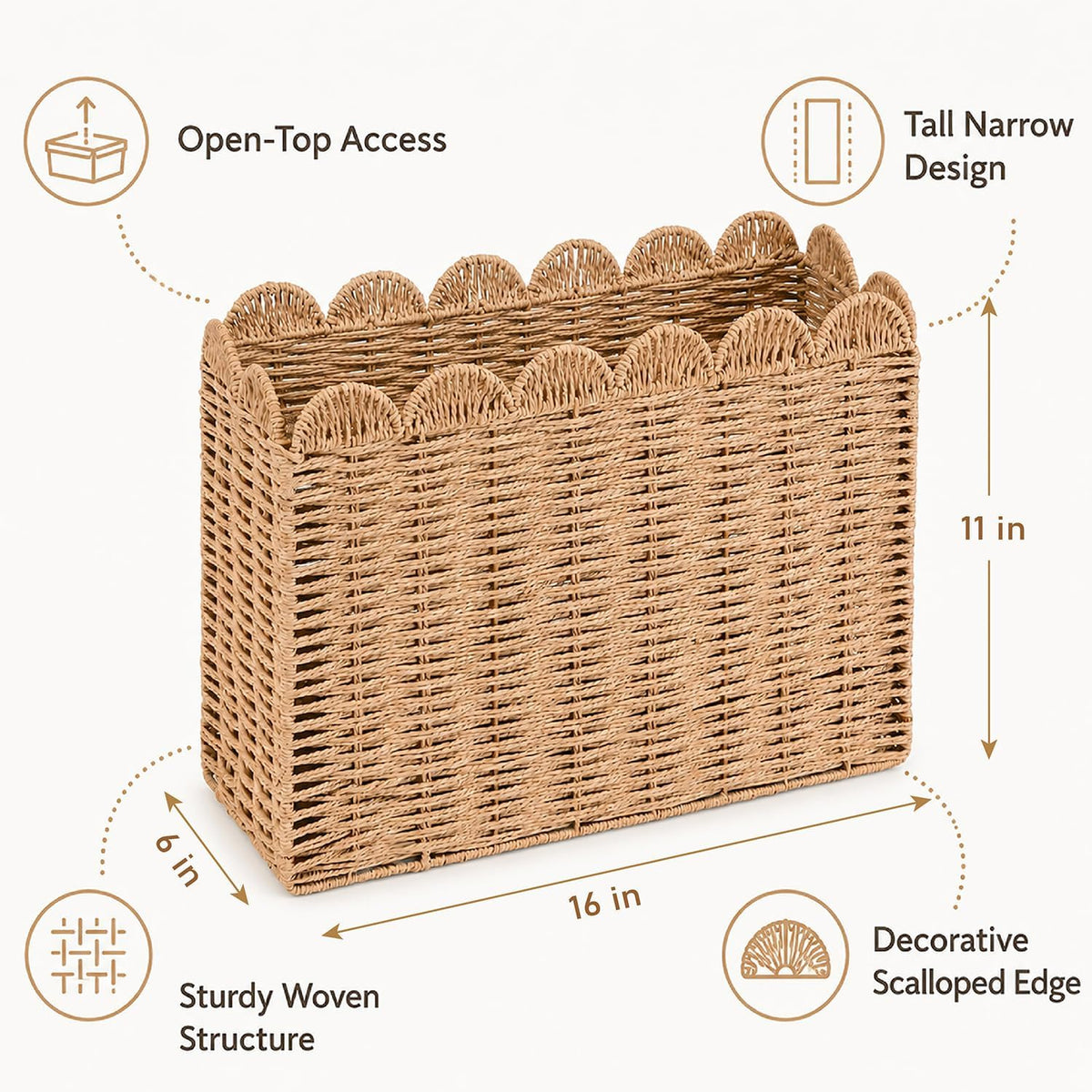 Wicker Magazine Basket, Paper Rope Scalloped Magazine Holder for Files Books Newspapers and Documents, Handwoven Floor Organizer Rack for Office Living Room Bathroom