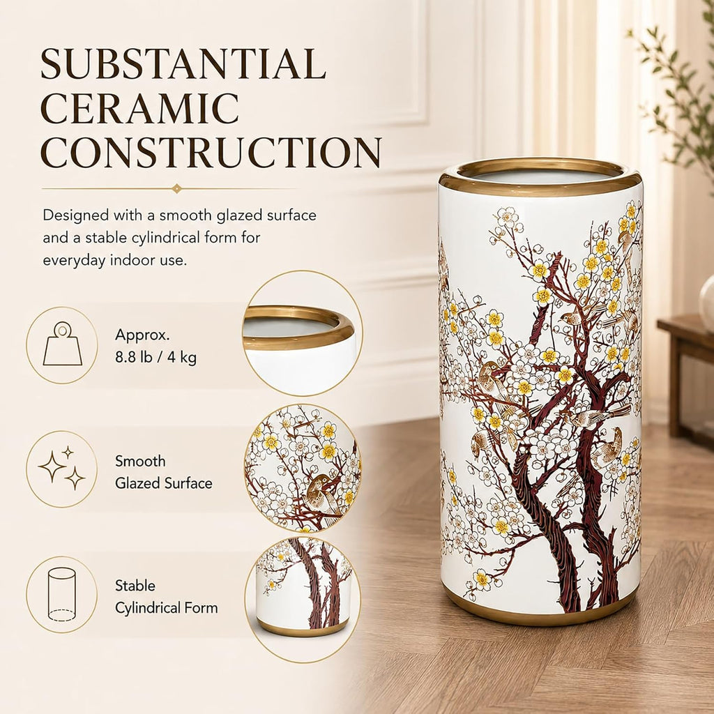 Ceramic Umbrella Stand for Entryway, Decorative Indoor Umbrella Holder with Gold Rim, Floor Vase Cane & Walking Stick Holder for Foyer Hallway Home Decor(Plum Blossom)