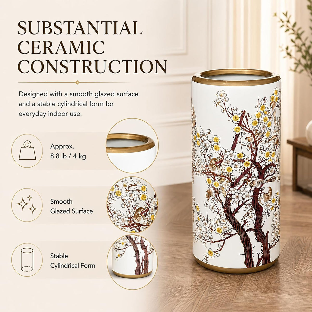 Ceramic Umbrella Stand for Entryway, Decorative Indoor Umbrella Holder with Gold Rim, Floor Vase Cane & Walking Stick Holder for Foyer Hallway Home Decor(Plum Blossom)