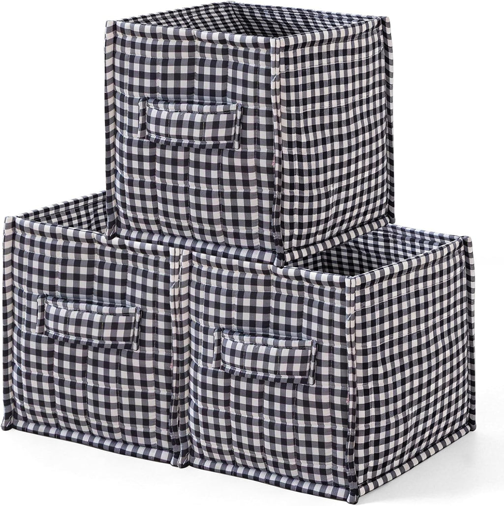 vctops Black Gingham Storage Cubes Organizer, 11.4 Inch 3 Pack Collapsible Fabric Storage Bins with Handles for Organization, Closet, Shelves, Offices, Toys (Black,11.4"x11.4"x11.4")