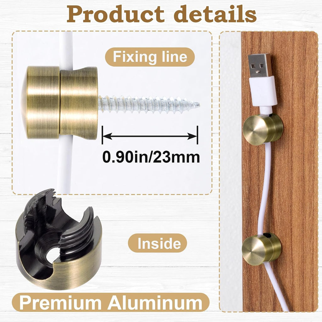 HINZIC 3Pack Cable Anchors for Desk, Metal Phone Cord Holder, Adhesive Wall Cord Clips, Copper Adjustable Wire Organizer Charger Management for Nightstand Office Home Desktop