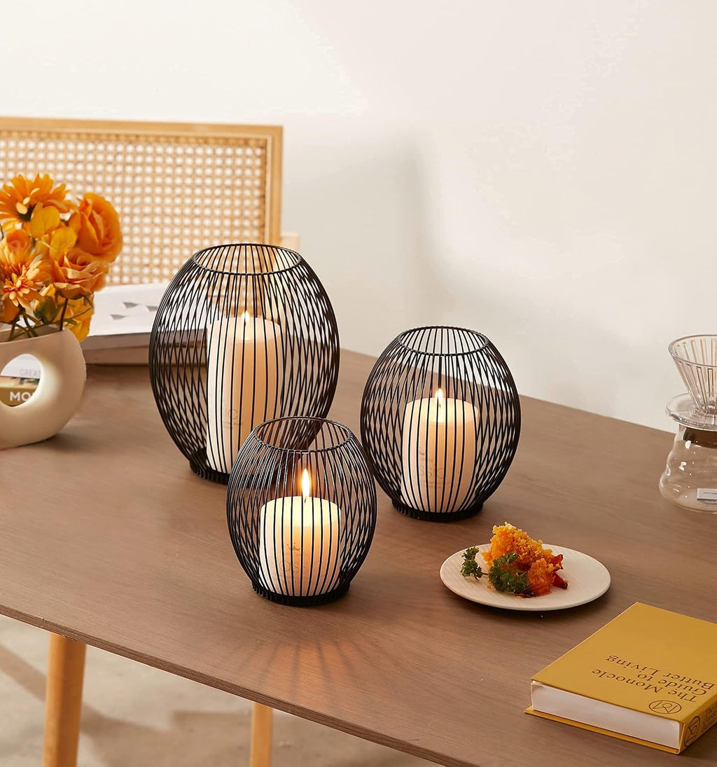 OLEEK Small Outdoor Candle Holders for Patio - Pillar Candle Holder - Black Wire Candle Holder for Table Centerpiece - Iron Lantern Decorative Candles - Farmhouse Decor Fireplace Metal Candle Holders