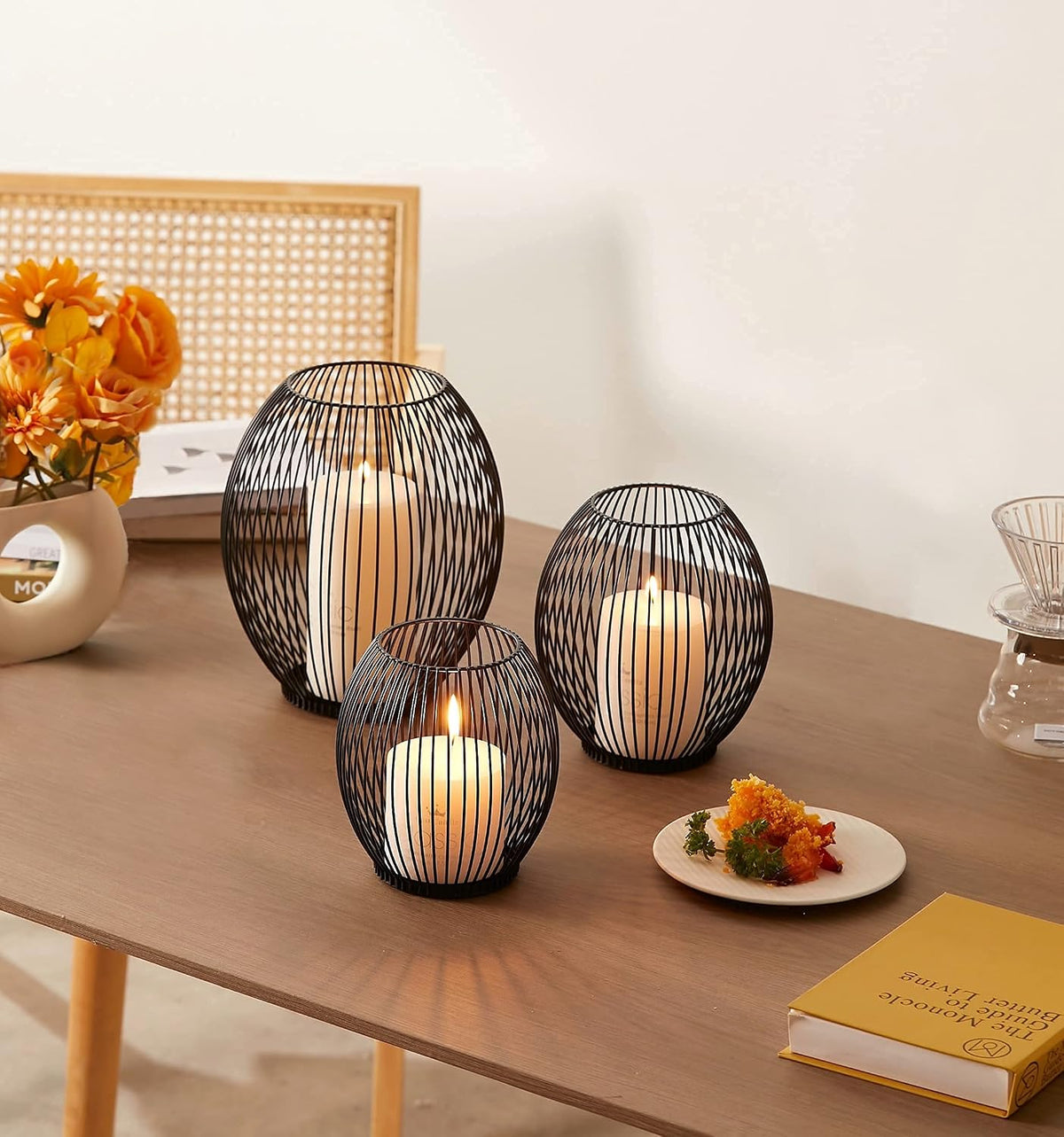 OLEEK Small Outdoor Candle Holders for Patio - Pillar Candle Holder - Black Wire Candle Holder for Table Centerpiece - Iron Lantern Decorative Candles - Farmhouse Decor Fireplace Metal Candle Holders