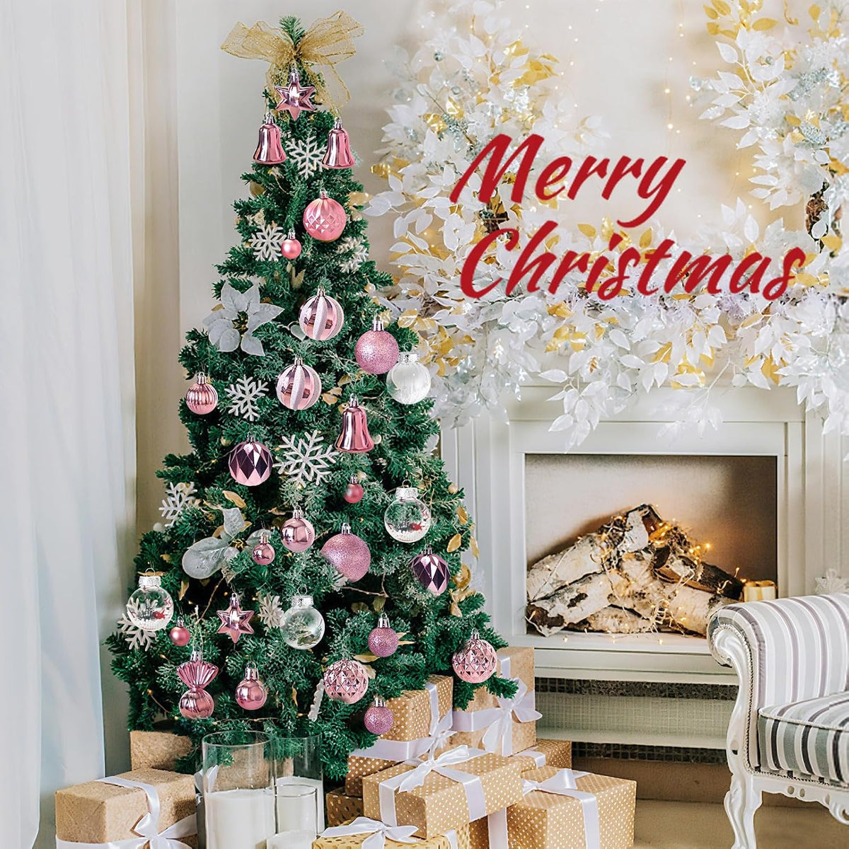 111-Pack Christmas Balls Ornaments,Assorted Shatterproof Pink Christmas Ornaments Set, Luxurious Hanging Pendants Package for Tree Party Holiday Indoor Decor