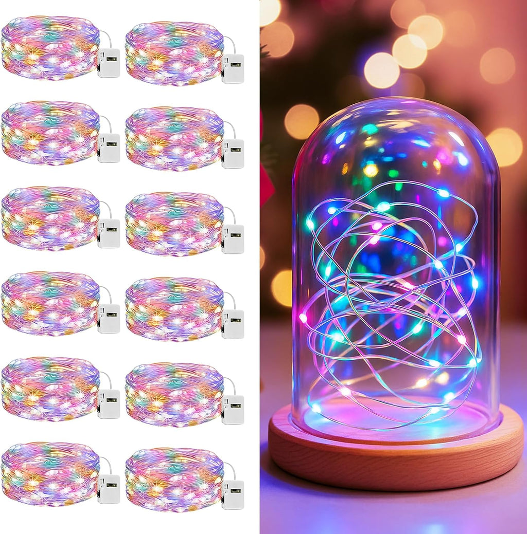 litogo 12 Pack 7FT 20 LED Fairy Lights Battery Operated, 3 Lighting Modes, Bulk Mini Twinkle String Lights Waterproof Silver Wire for Weddings Mason Jars Party Christmas Decorations-Multi-Colored