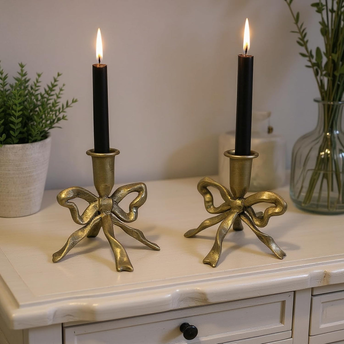 Bow Candle Holder, Bow Metal Taper Candle Holder 5" H x 4.81 W, Gold, Black, Decorative Candle Holders for Centerpiece, Table, Wedding (Gold)