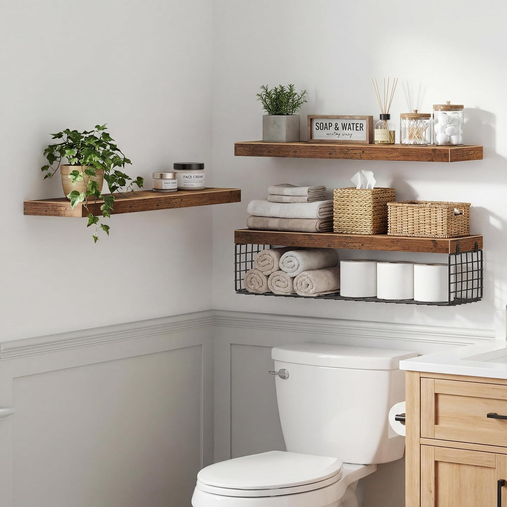 QEEIG Bathroom Shelves Over Toilet Wall Mounted (Brown, Set of 3, 31.5")
