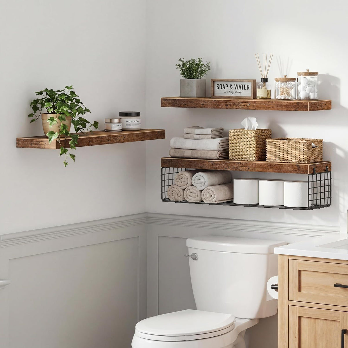 QEEIG Bathroom Shelves Over Toilet Wall Mounted (Brown, Set of 3, 31.5")